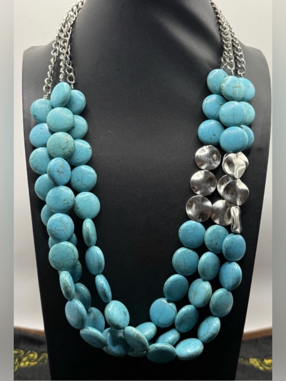 Chunky 3-Strand Faux Turquoise & Silver Statement Necklace, Howlite Coin Beads